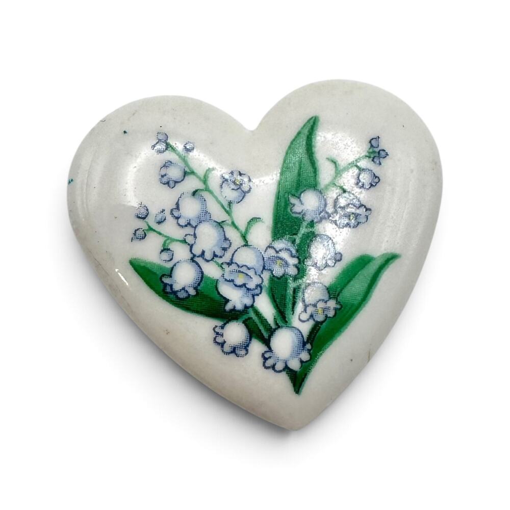Vintage Avon Lily of the Valley Floral Heart Brooch White Ceramic Flower Pin